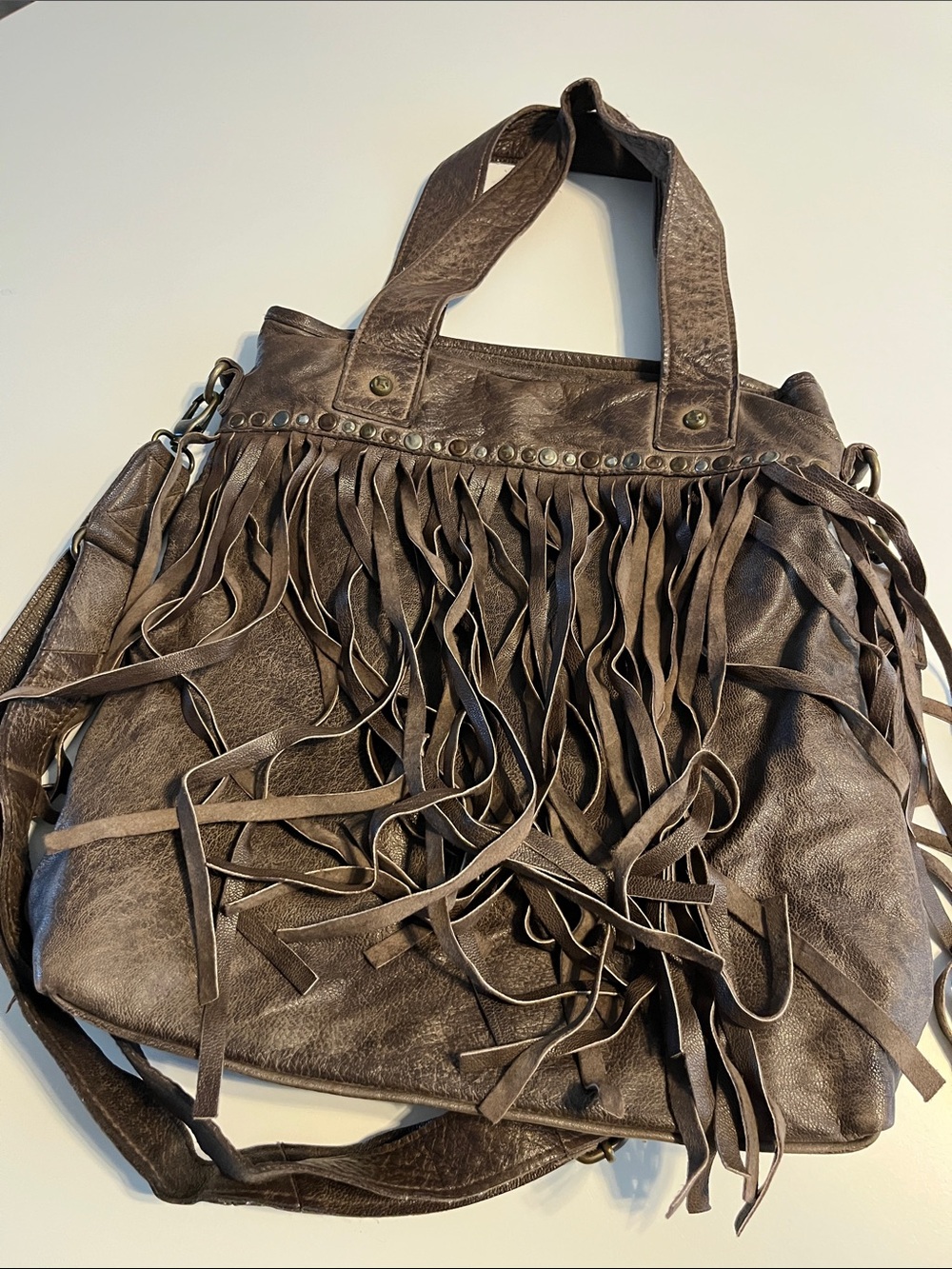 Goosecraft Fringed Brown Shoulder Tote Bag - Women's Boho Fringe Shoulder Bag
